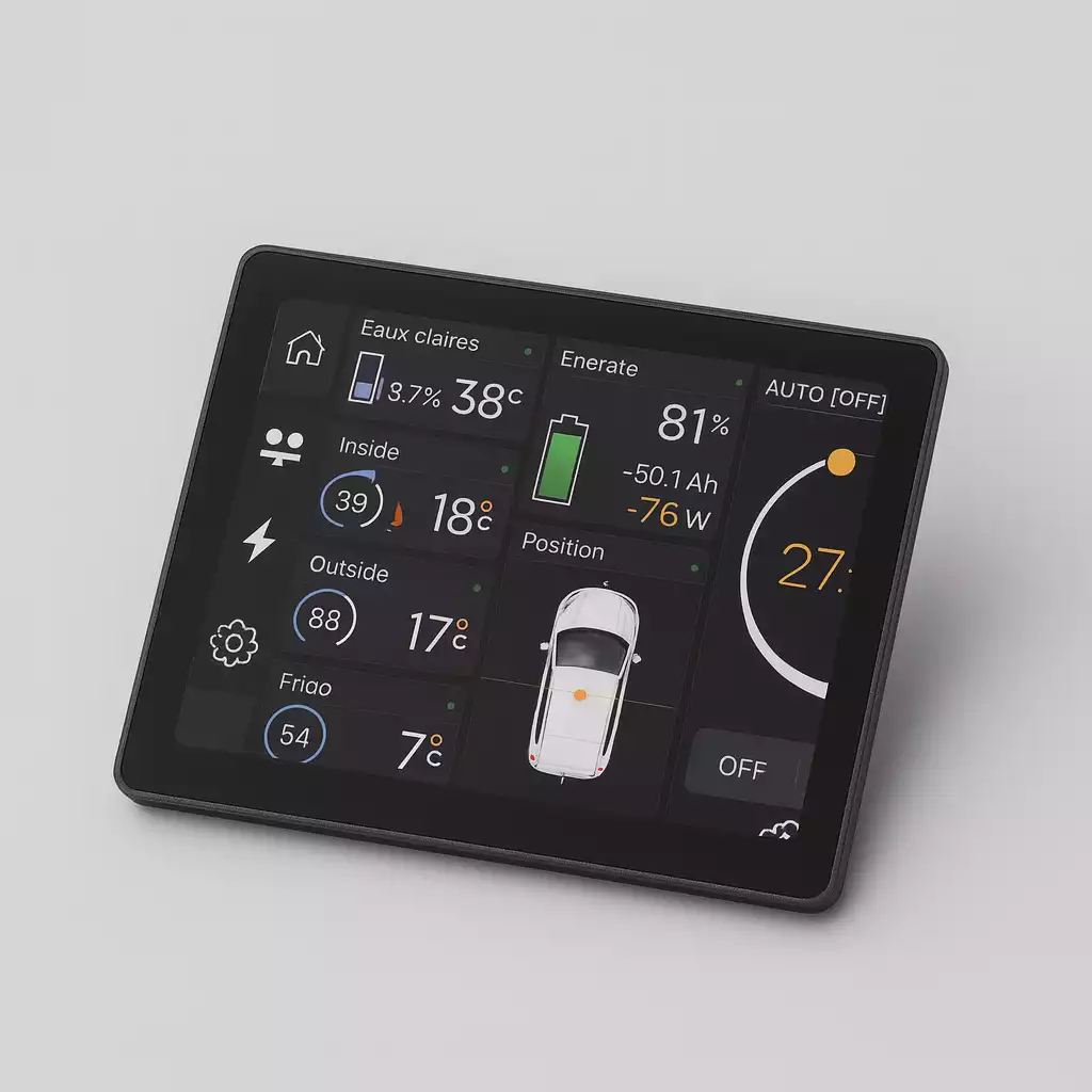 Control panel screen displaying battery charge at 81%, temperatures inside (18°C), outside (17°C), and fridge (7°C), with a car position diagram and other status indicators.