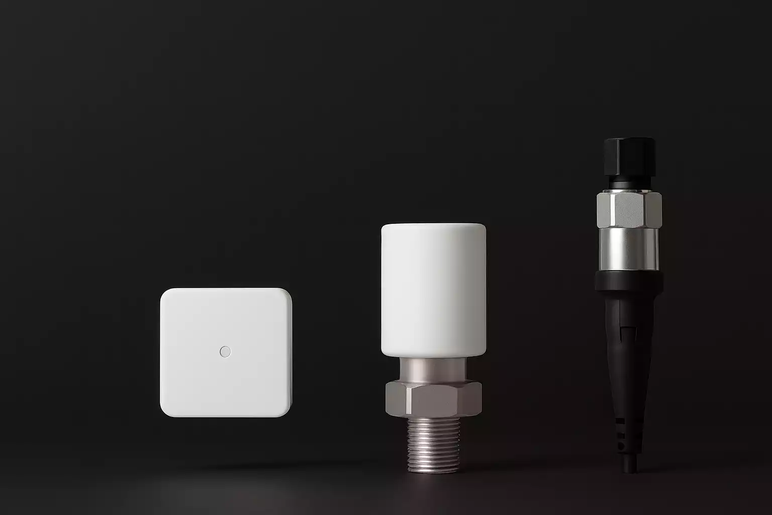 Three modern industrial sensors with white and metallic finishes displayed against a black background.