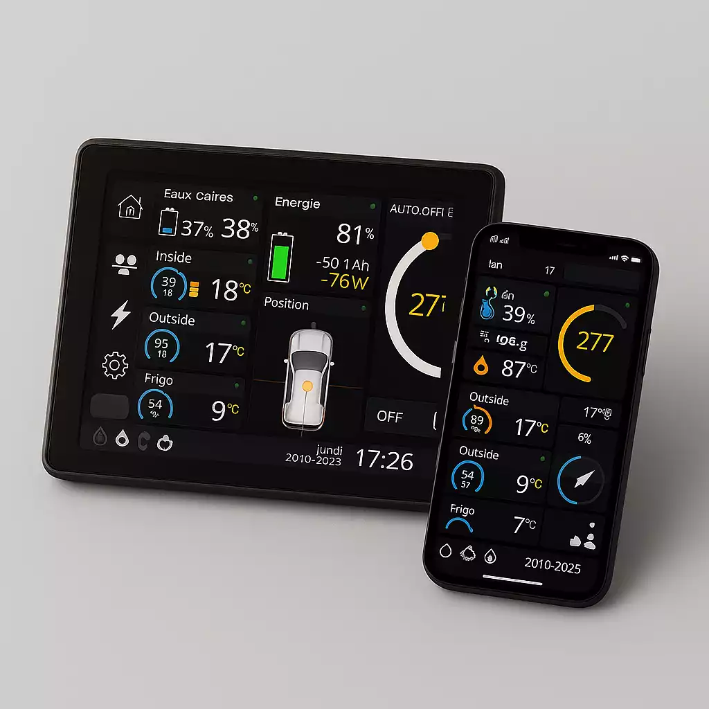 A digital dashboard and smartphone displaying energy, temperature, and position data with graphical gauges and icons.