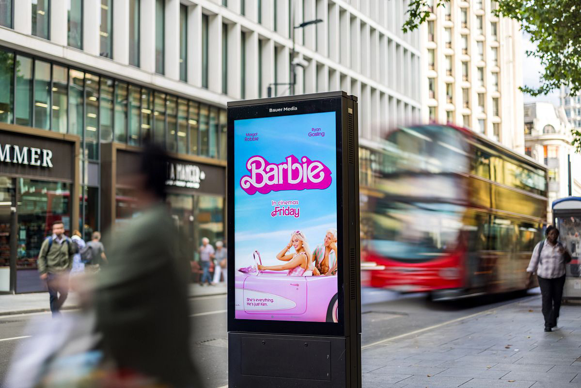 Barbie film displaying on a Bauer Media Outdoor's Adshel Live roadside screen
