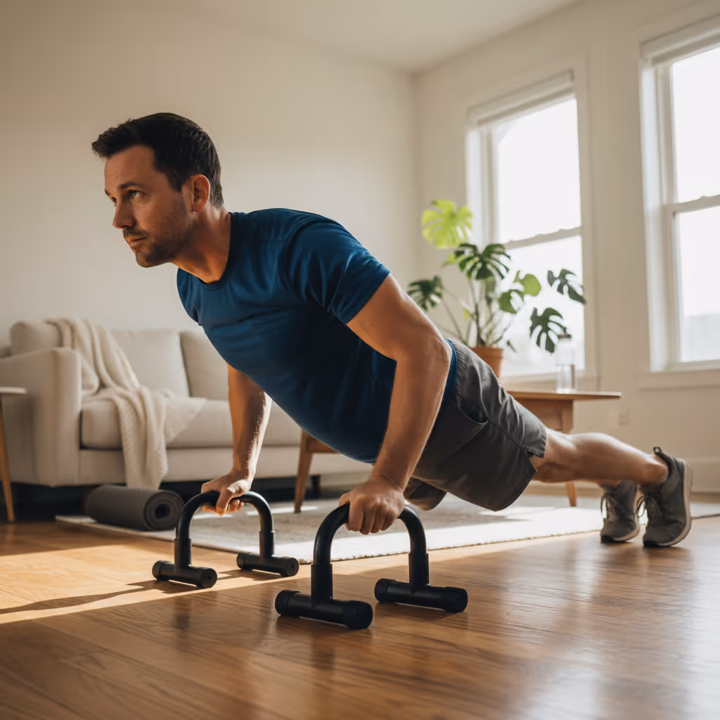 Man doing push-up exercise using push-up bars in a bright living room with wooden floor and plants.