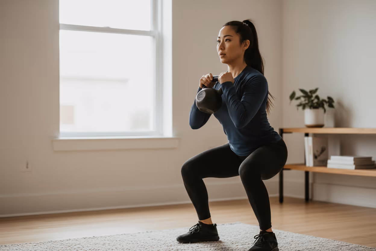 Woman in athletic wear performing a squat while holding a kettlebell indoors on a rug.