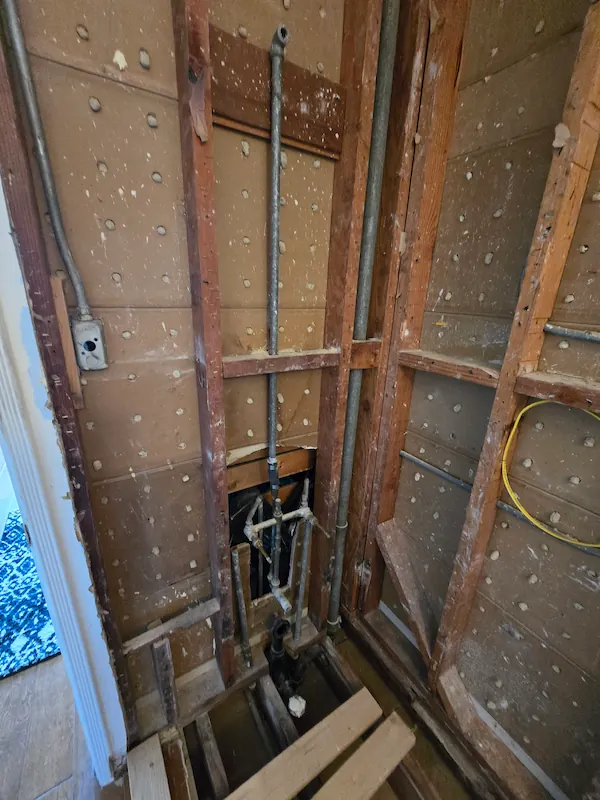 Exposed wall studs and piping in a room under renovation with no drywall and some wooden floorboards removed.