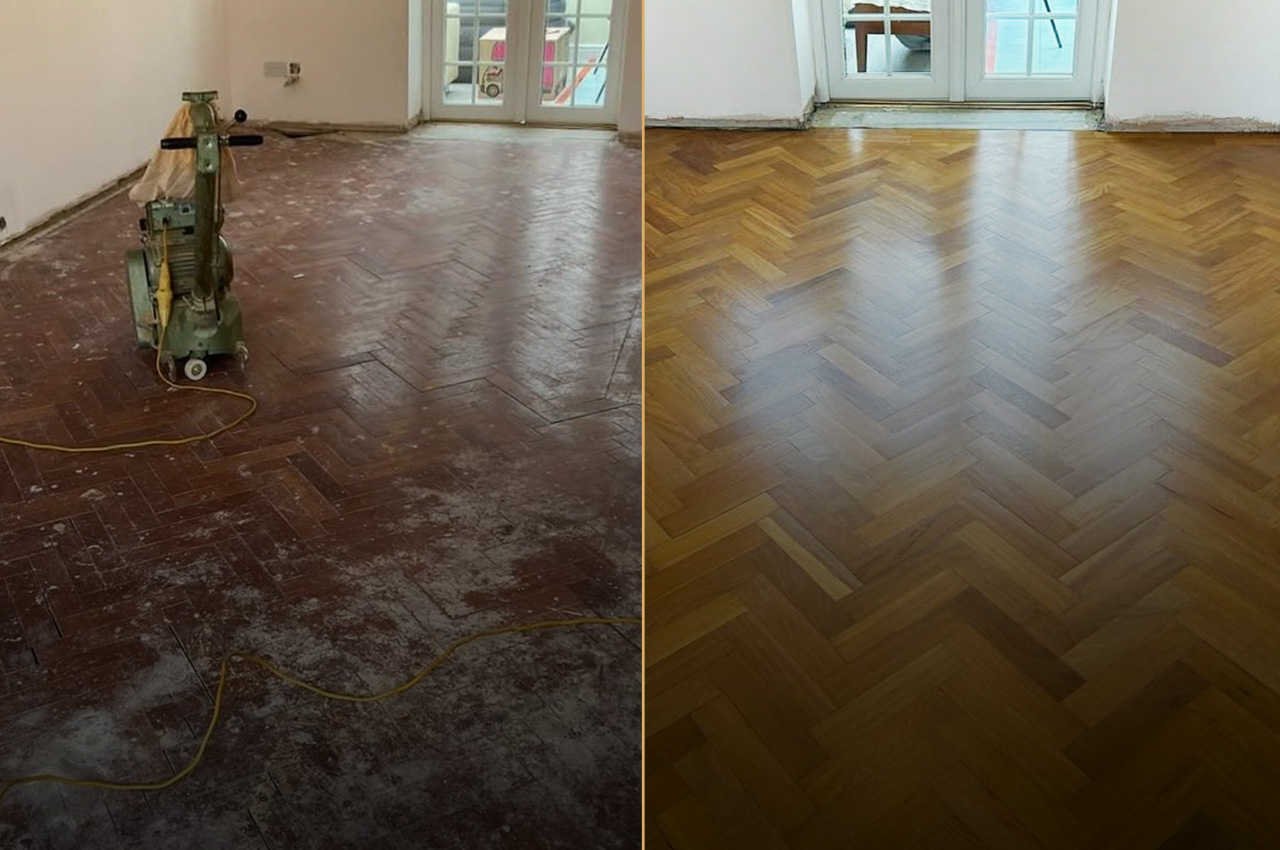 Side-by-side comparison of a wooden floor before and after sanding and refinishing, showing a dusty, dull floor with sanding equipment on the left and a polished, clean floor on the right.