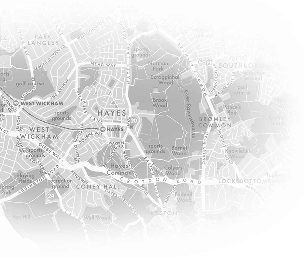 Map showing areas around Hayes including West Wickham, Bromley Common, Southborough, Keston, and Locksbottom