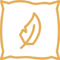 Gold Icon of Outlined feather icon inside a rounded square border, symbolising comfort or softness.