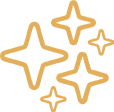 Five golden sparkle stars of varying sizes on a transparent background representing easy to clean.