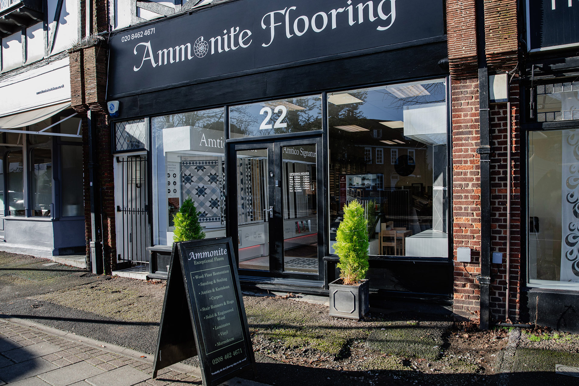 Front entrance of Ammonite Flooring store with black framed glass doors, signage above, two potted green plants, and a sandwich board listing flooring services.