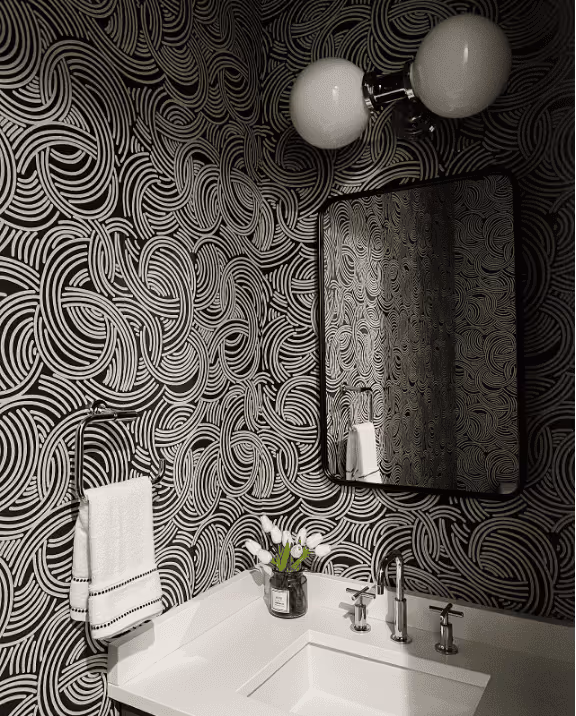 Patterned bathroom wallpaper.