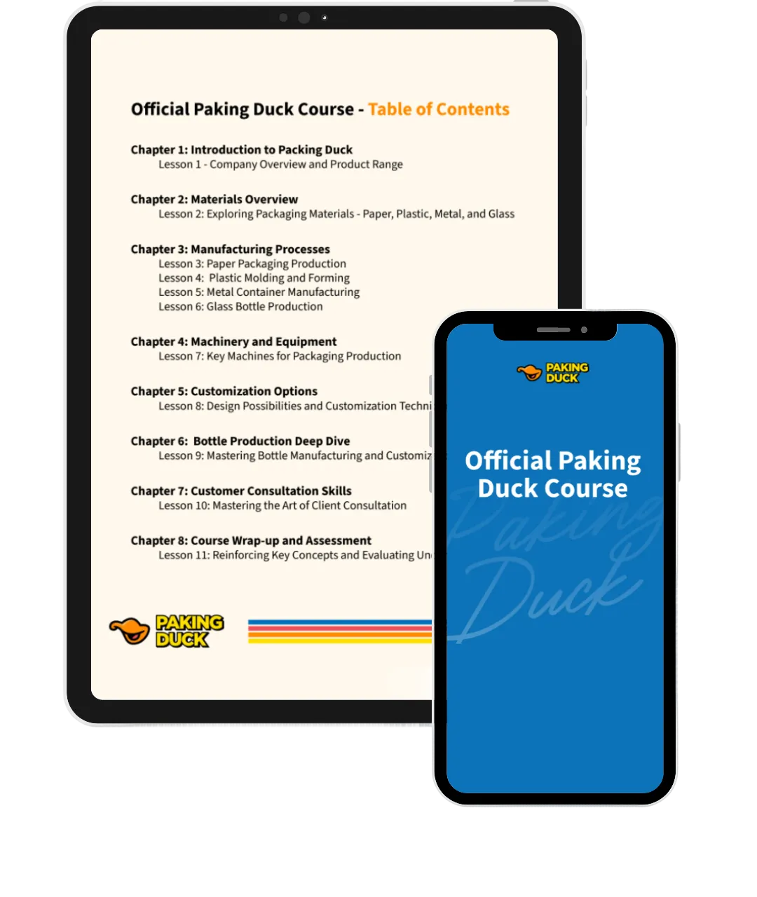 Tablet showing the Official Paking Duck Course table of contents with eight chapters on packaging materials, manufacturing processes, customization, and skills, alongside a smartphone displaying the course title on a blue background.