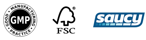Logo with the text 'GMP' in white on the left and 'saucy' in stylized blue and white letters on the right.