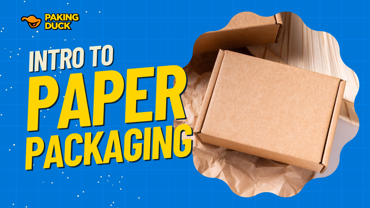 Two brown paper boxes on crumpled paper with blue grid background and text Intro to Paper Packaging.