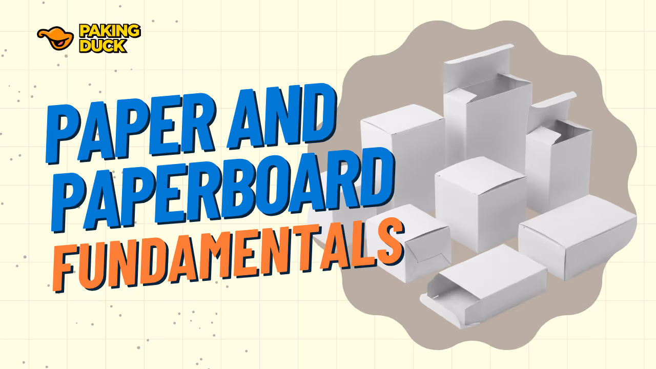 Various white blank paper and paperboard packaging boxes displayed next to text reading Paper and Paperboard Fundamentals.