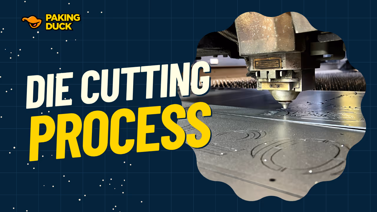 Close-up of a die cutting machine cutting shapes into a metallic sheet with text 'Die Cutting Process' and Paking Duck logo on dark background.