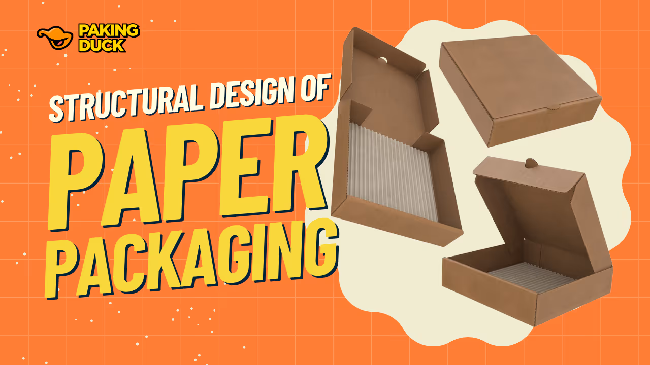 Three views of brown corrugated paper packaging boxes on an orange background with text 'Structural Design of Paper Packaging.'