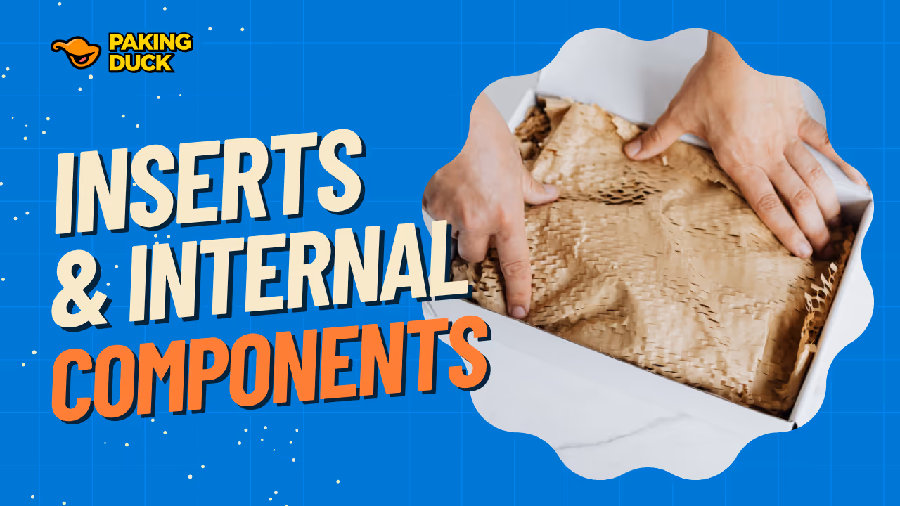 Hands placing brown paper cushioning inside a white box with text 'Inserts & Internal Components' on blue background.