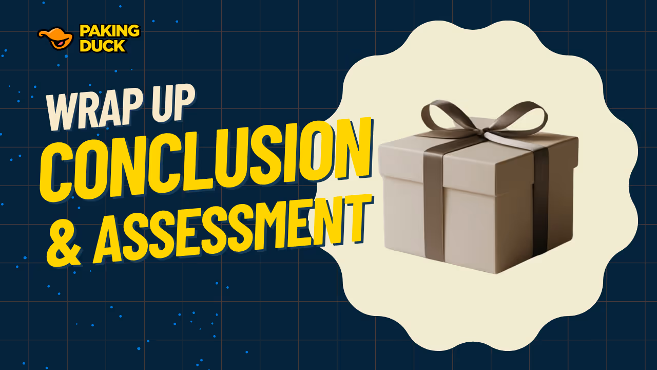 Gift box wrapped with a brown ribbon beside bold yellow text saying Wrap Up Conclusion & Assessment on a dark background.