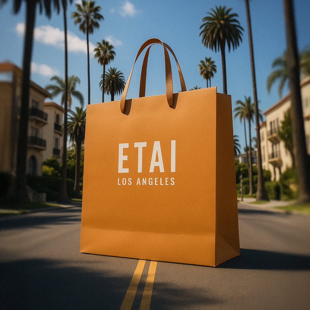 Orange paper shopping bag with brown handles and white text 'ETAI LOS ANGELES' standing on a street lined with palm trees and buildings under a blue sky.
