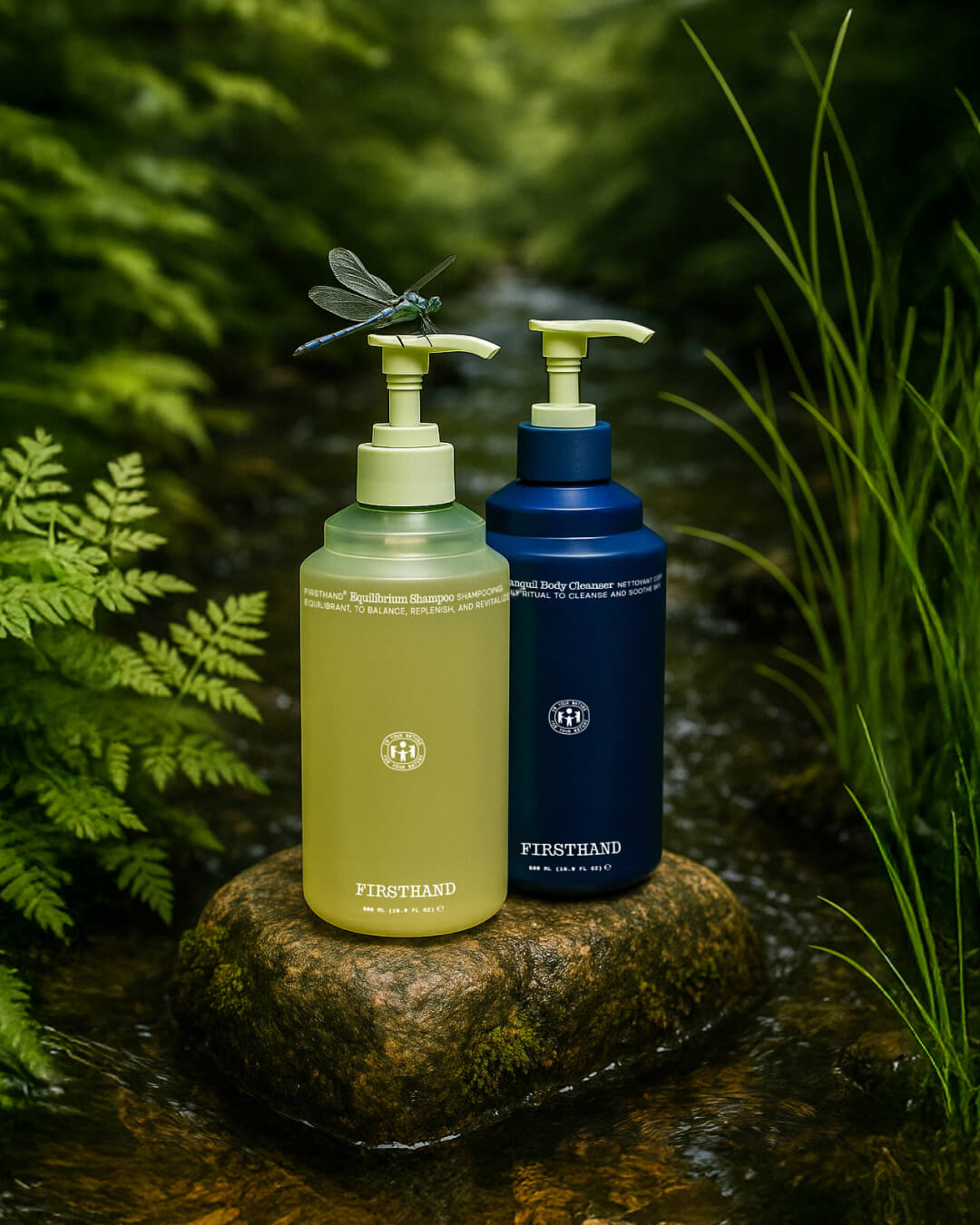 Two FIRSTHAND pump bottles on a rock in a forest stream, with a dragonfly perched on one bottle's pump.