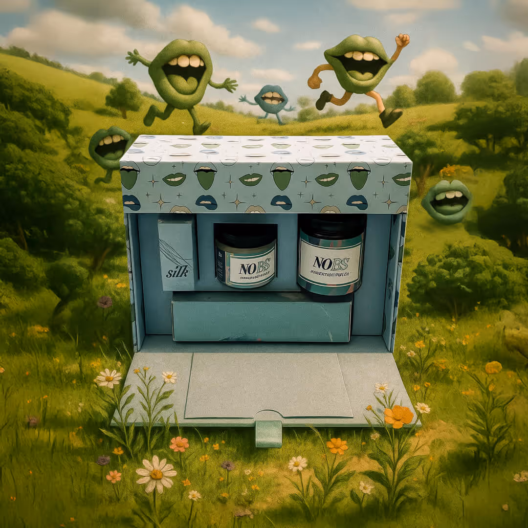 Box of NOBS oral care products in a whimsical field with animated green lips characters jumping around.