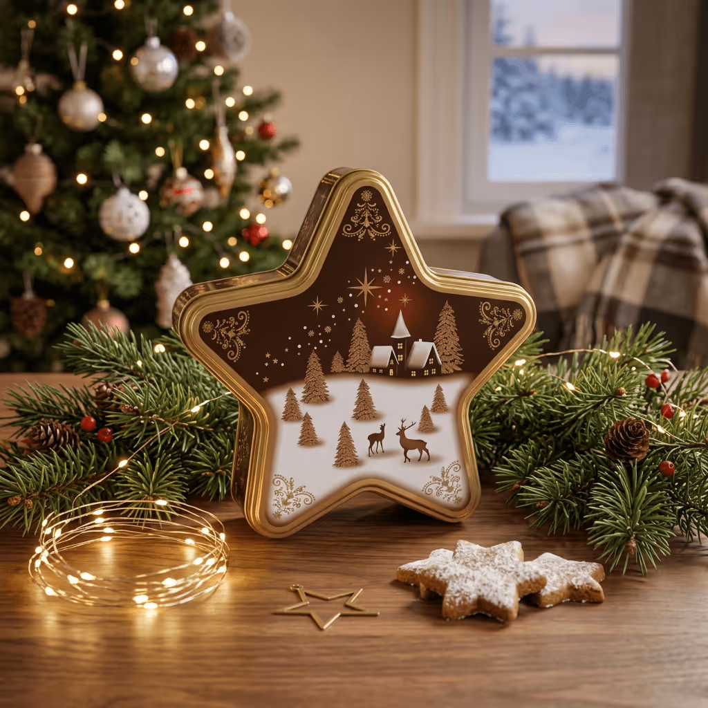 Star-shaped metal tin with a winter village scene with trees and deer, surrounded by Christmas greenery, cookies, and fairy lights on a wooden table.