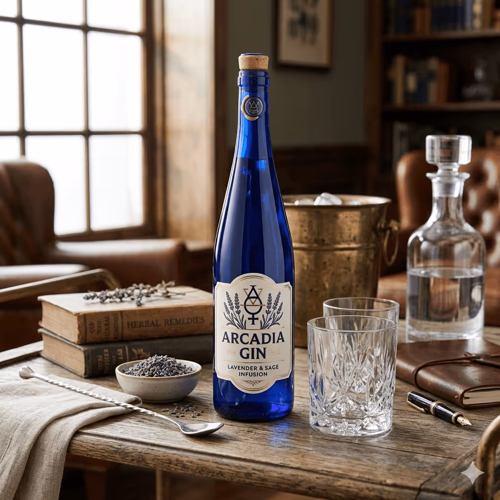 Blue bottle of Arcadia Gin with lavender and sage infusion on a wooden table surrounded by two crystal glasses, a bowl of lavender buds, two old books, a metal ice bucket, a glass decanter, and a fountain pen.