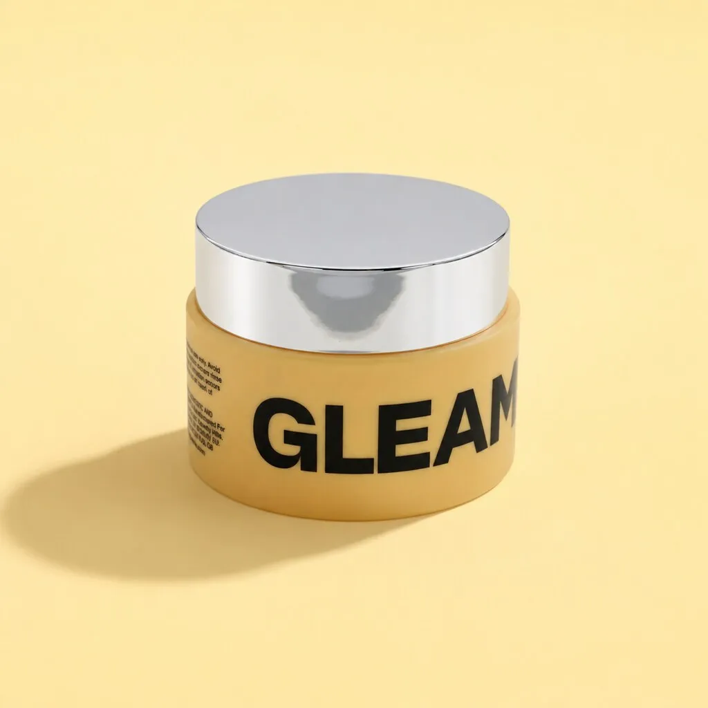 Cosmetic jar with a silver lid on a yellow background