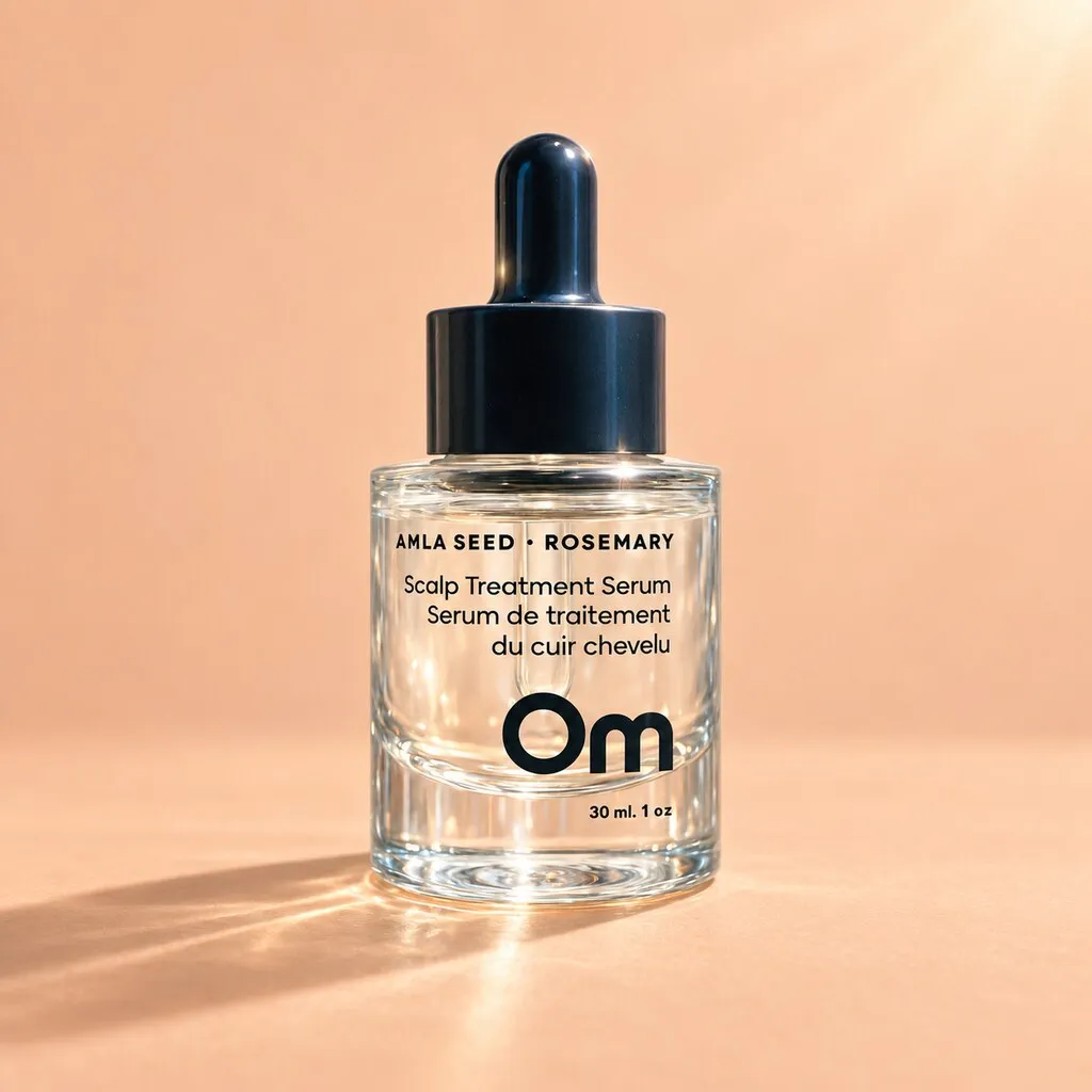 Glass serum bottle with a dropper on a peach background