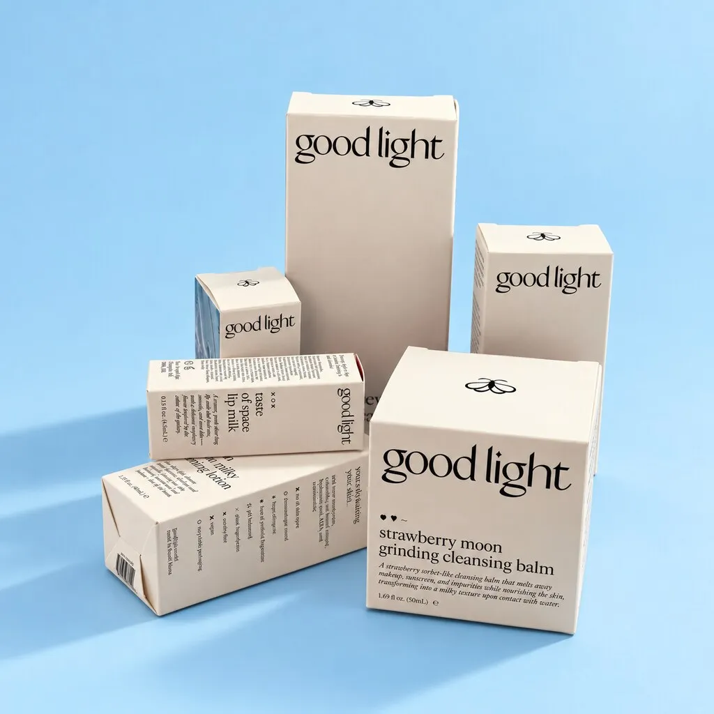 White folding cartons for a cosmetic product in bluebackground.
