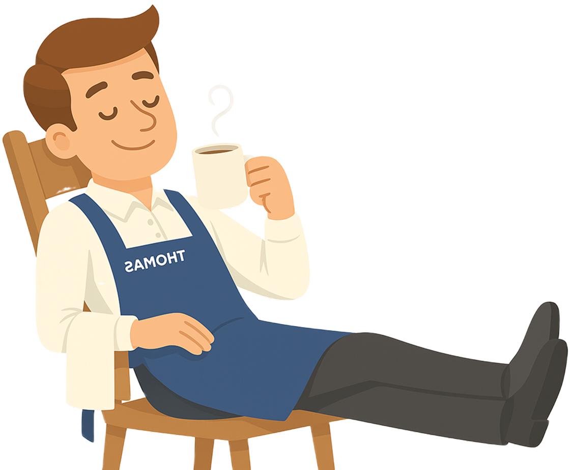 Illustration of a man named Thomas wearing a blue apron sitting back with feet up, holding a steaming cup of coffee and smiling with eyes closed.