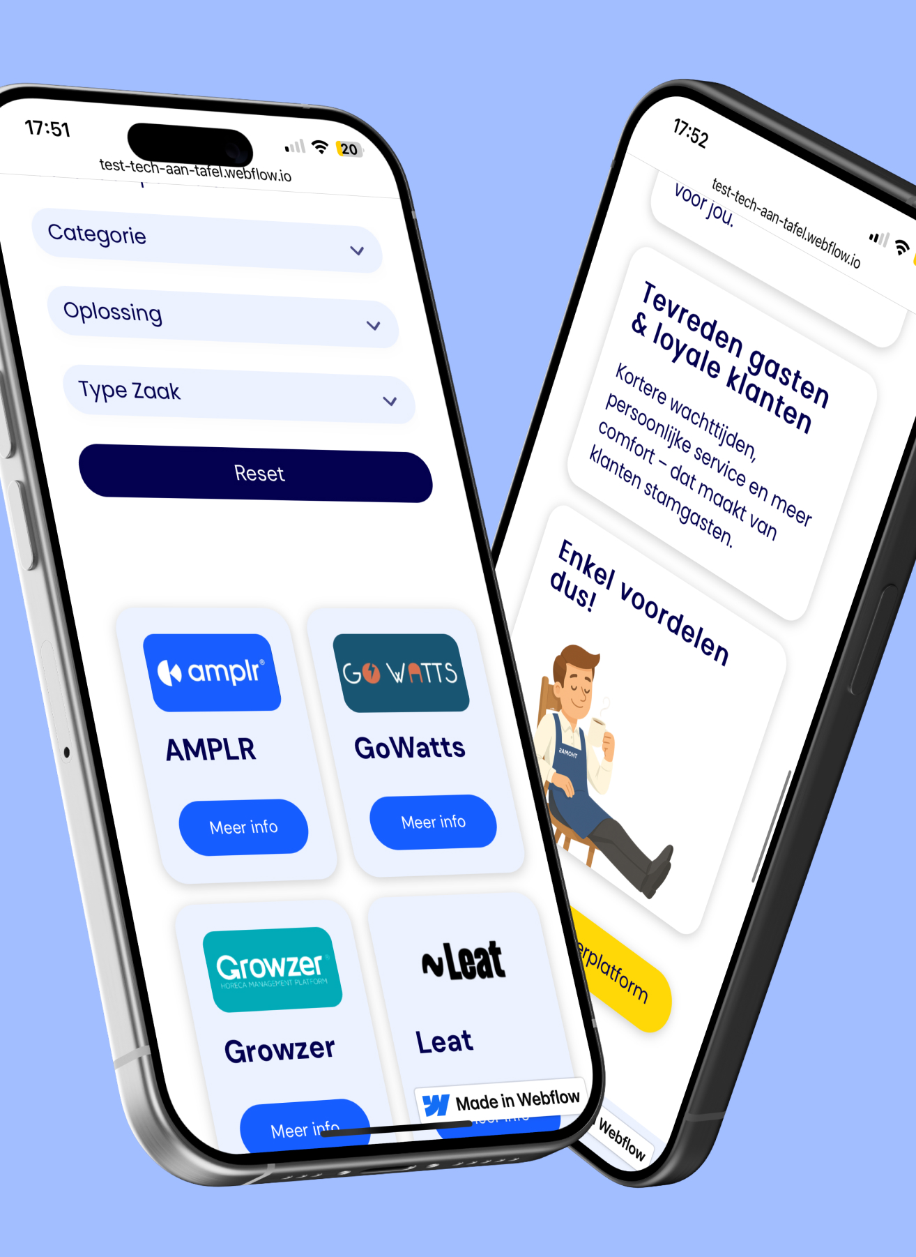Two smartphones showing a webpage with dropdown filters labeled Categorie, Oplossing, Type Zaak, and app options AMPLR, GoWatts, Growzer, and Leat with a Reset button and a section highlighting satisfied guests and loyal customers.