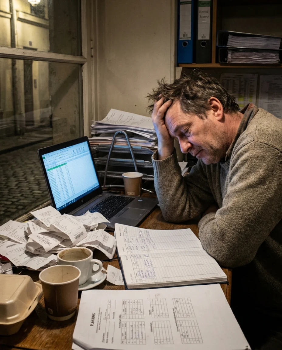 Tired man sitting at a cluttered desk with paperwork, receipts, coffee cups, and a laptop displaying a spreadsheet.