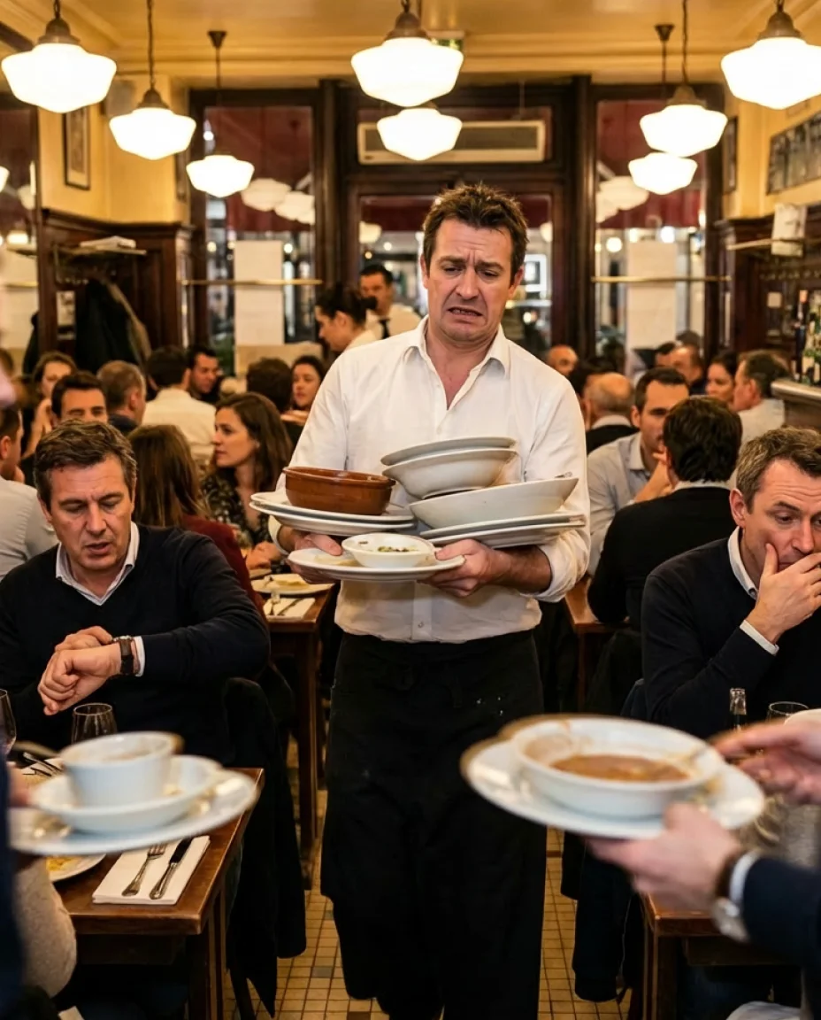 Stressed waiter carrying a large stack of dirty dishes in a busy restaurant with many seated customers.