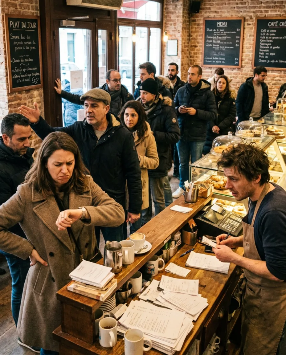 Crowded coffee shop with a frustrated woman looking at her watch while customers wait in line and a barista takes orders behind the counter.