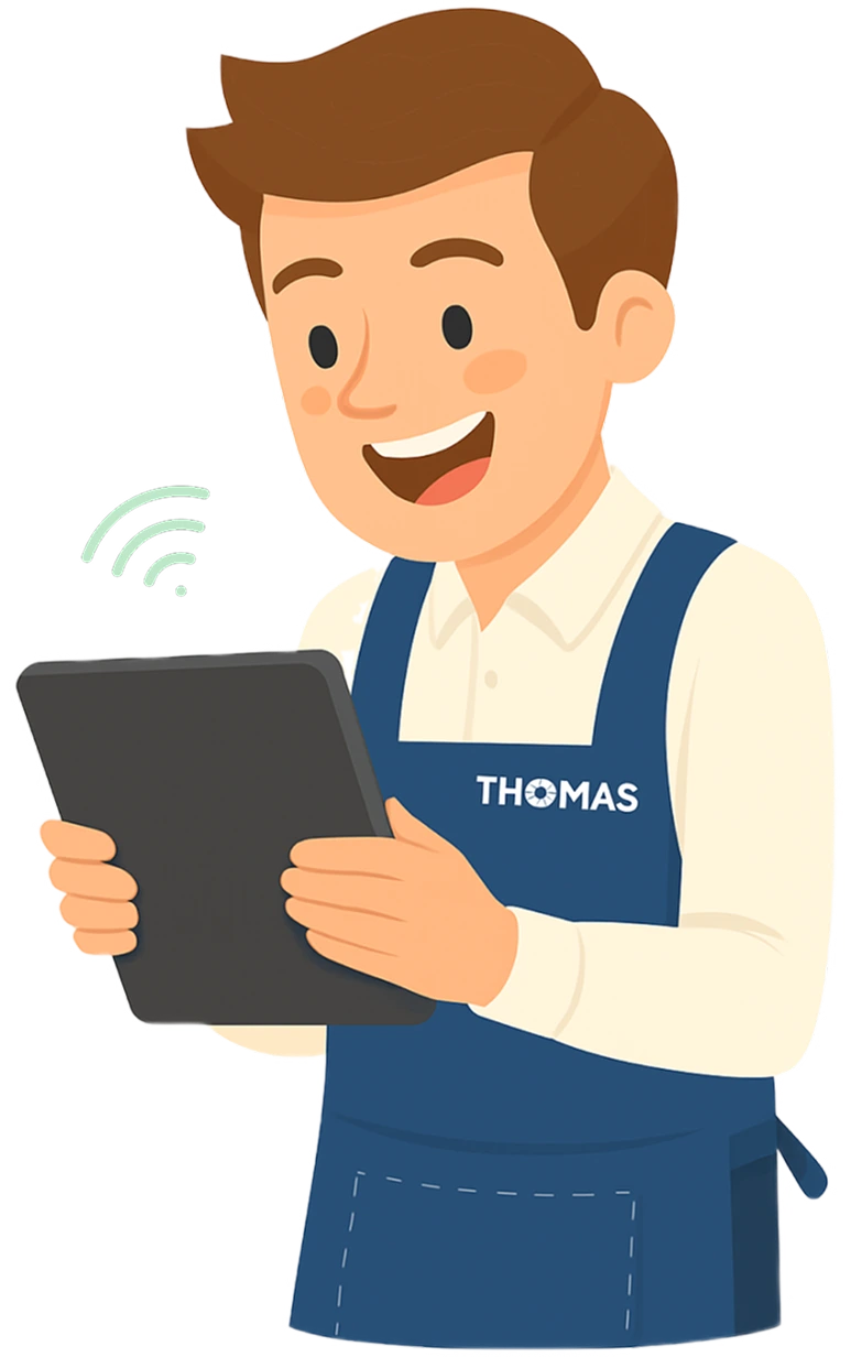 Smiling man wearing a blue Thomas apron holding a digital tablet with a wifi signal icon beside it.