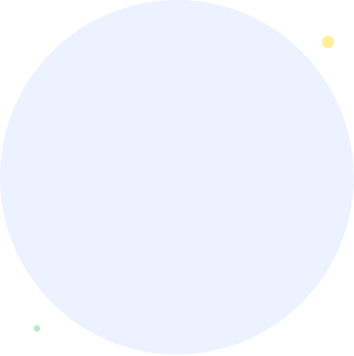 Large pale blue circle with small yellow dot near the top right edge and small green dot near the bottom left edge on a black background.