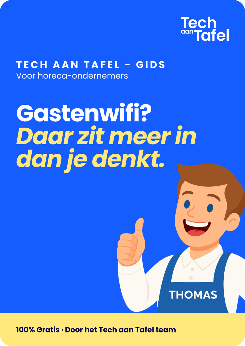 Cover of Tech aan Tafel guide for hospitality entrepreneurs featuring a cartoon man named Thomas giving a thumbs up against a blue background with text about guest wifi benefits.