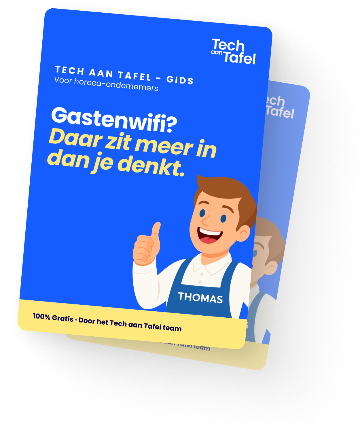 Tech aan Tafel guide cover for horeca entrepreneurs about guest Wi-Fi with a cartoon character named Thomas giving a thumbs-up.