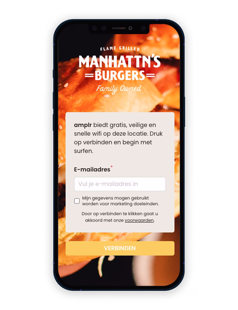 Smartphone displaying a Flame Grilled Manhattan's Burgers WiFi login screen asking for an email address in Dutch.