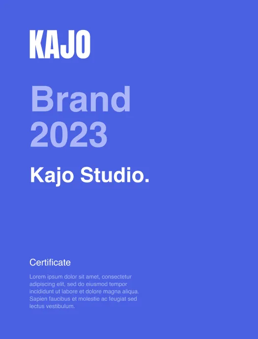 Blue certificate with text Kajo Brand 2023 Kajo Studio and placeholder Latin text.