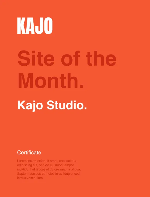 Orange background with white and dark red text reading 'KAJO Site of the Month. Kajo Studio.'