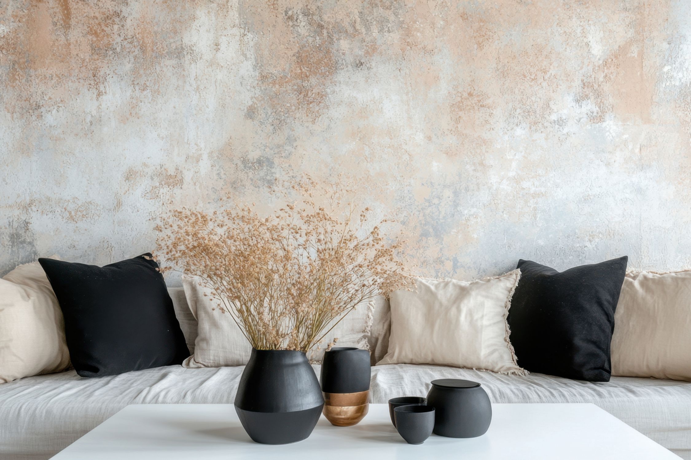 Modern beige sofa with black and beige pillows, white coffee table with black vases and dried flowers, and textured beige wall background.