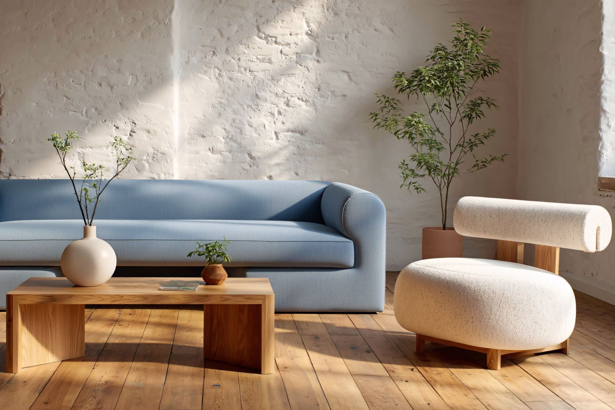 Modern living room with a light blue sofa, rounded white armchair, wooden coffee table with vases, and potted plant against a textured white wall.