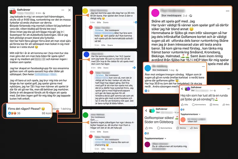 Screenshots of people reaching out to find friends in facebook forums