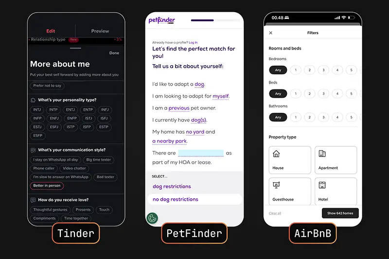 3 Screenshots from other matchmaking apps like Tinder, PetFinder and AirBnB