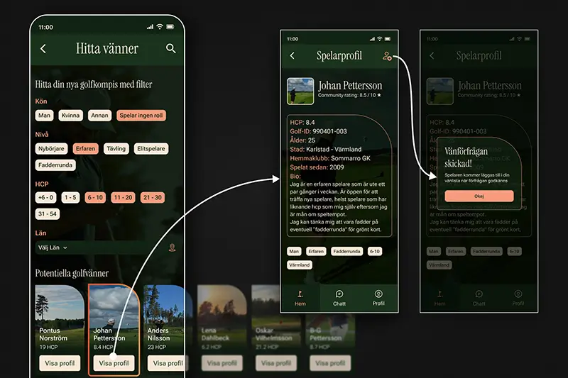 Showing a user journey from filtering to brosing someones profile to sending a friend request