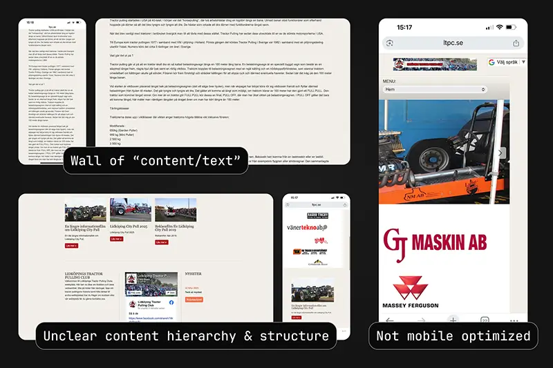 Screenshots of the old website showing problem of using the site.
