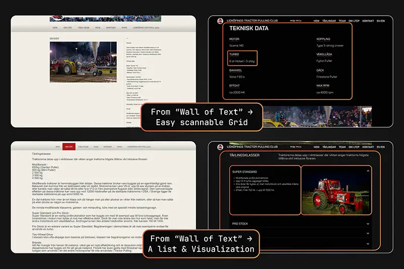 Before and after comparable screenshots of the old website to the left and the changes and the ew website to the right