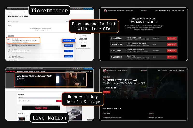 Screenshots of examples of other event websites