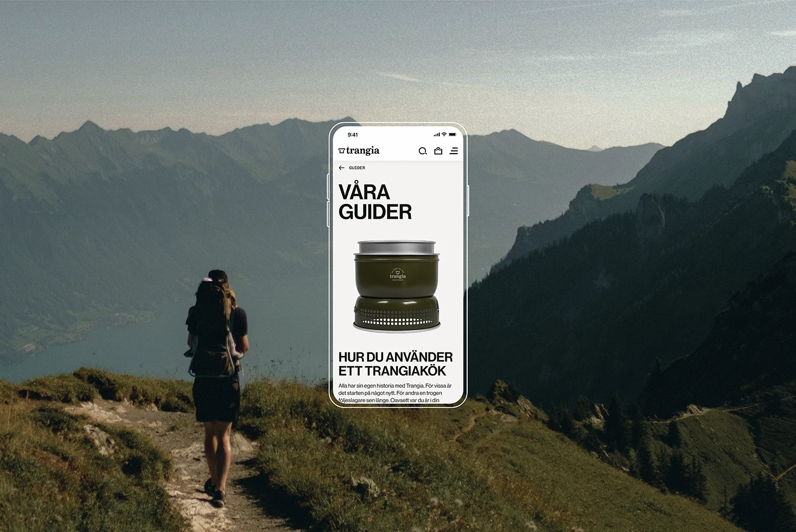 A person with a backpack hikes on a mountain trail with a scenic valley view. Overlaid in the center is a smartphone displaying a guide for using Trangia camping stoves in Swedish.